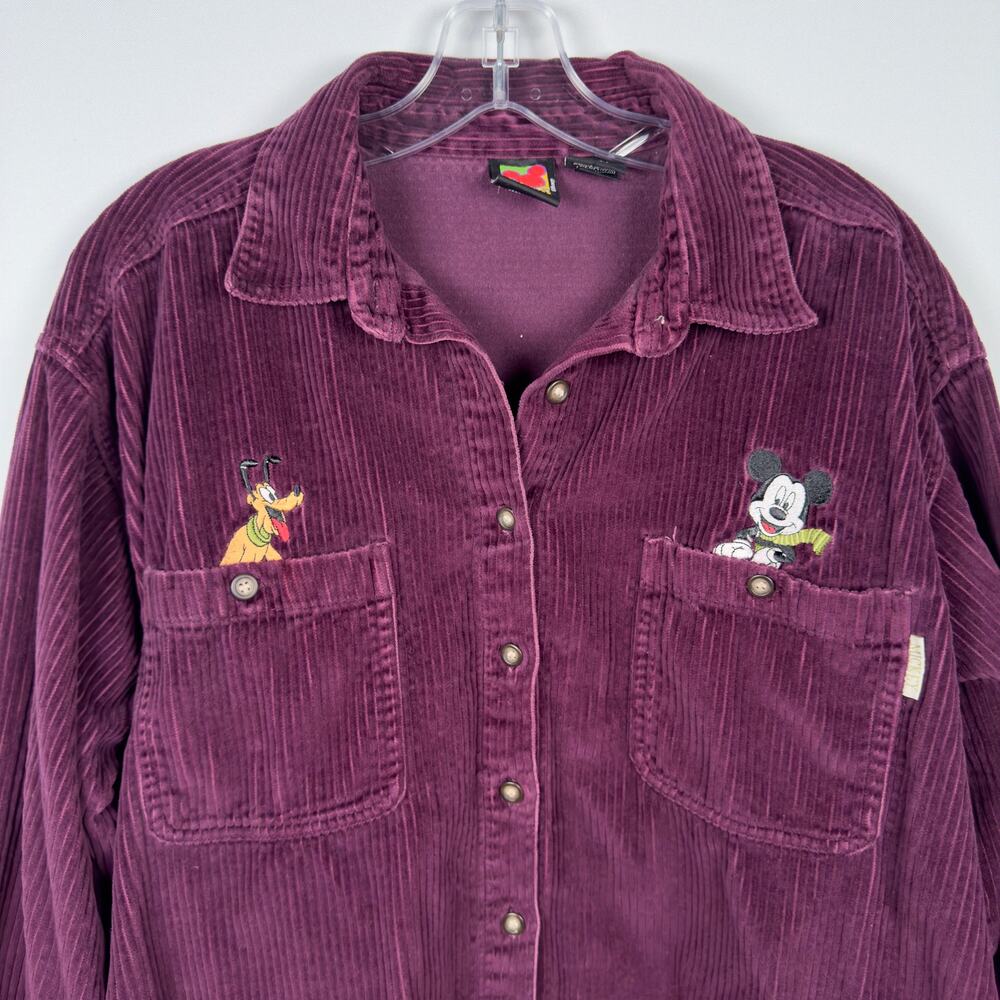 Mickey Unlimited Women's Corduroy Button Up Shirt Purple Embroiderd Size L
